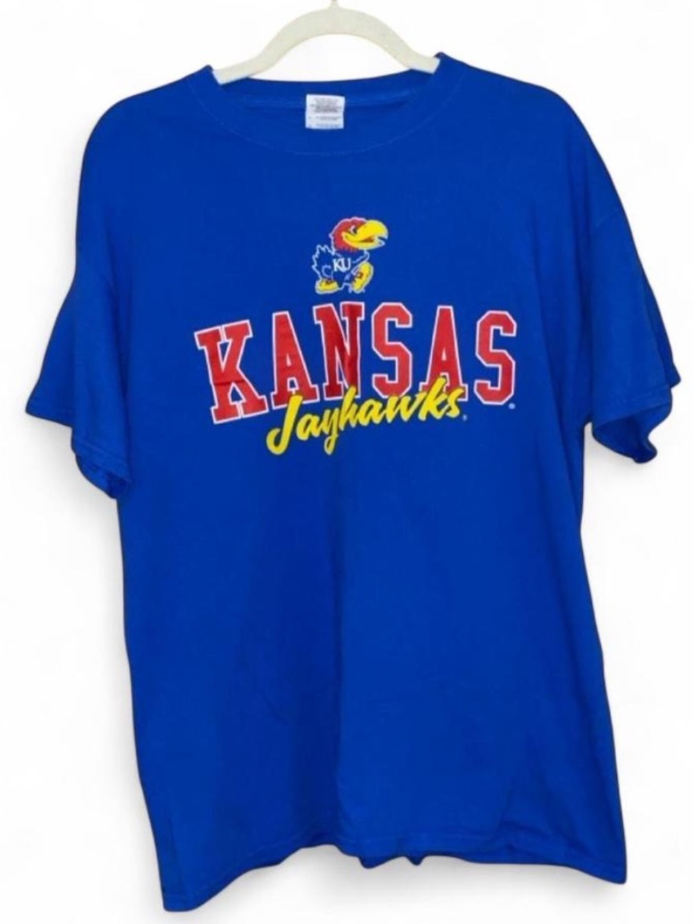 Kansas Jayhawks KU Logo Blue Gildan Heavy Cotton Graphic Tee Shirt Size Large